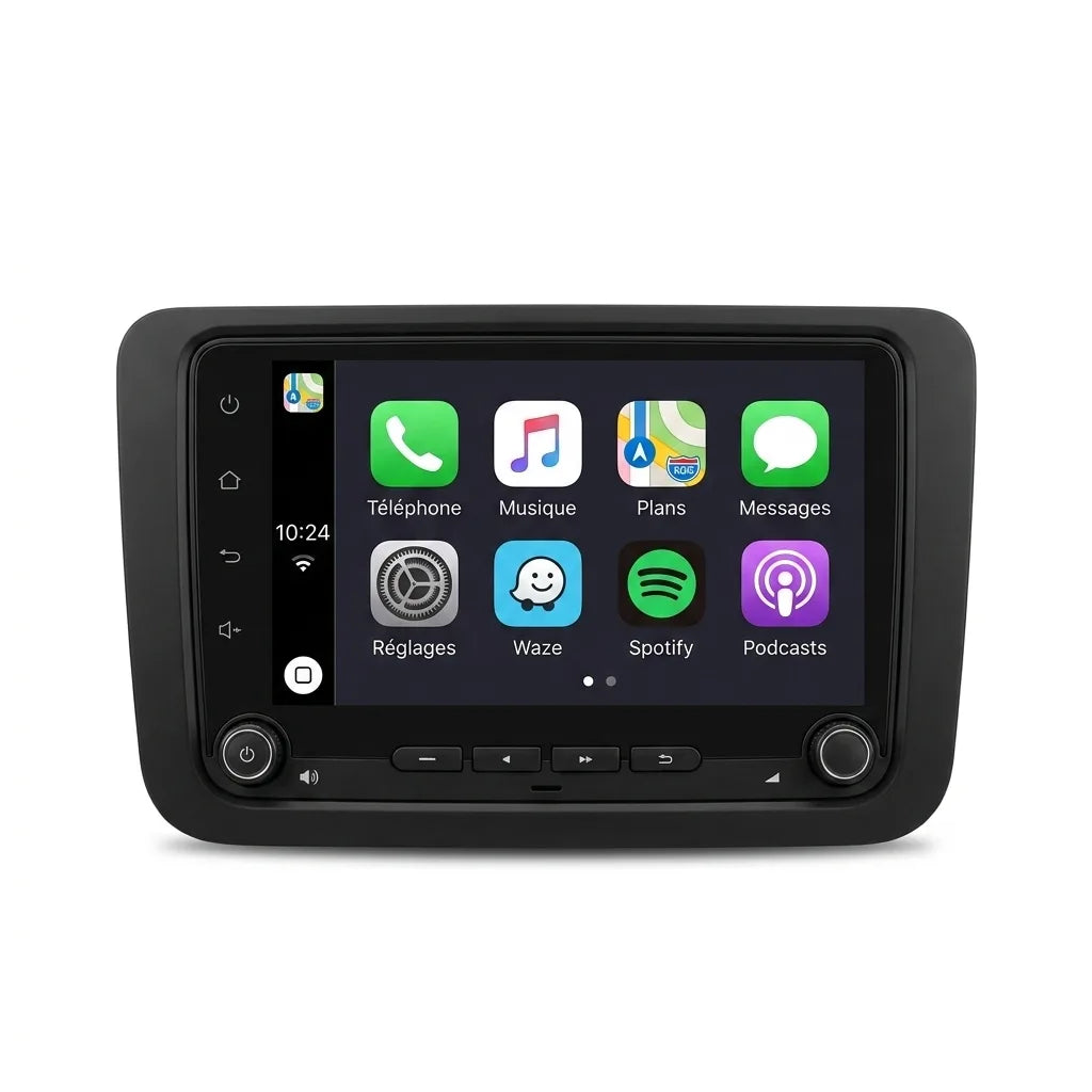 Autoradio CarPlay Android Auto Volkswagen Touran 1 (2003-2015), écran tactile 7 pouces au format du poste VW d'origine, vue de face sur fond blanc