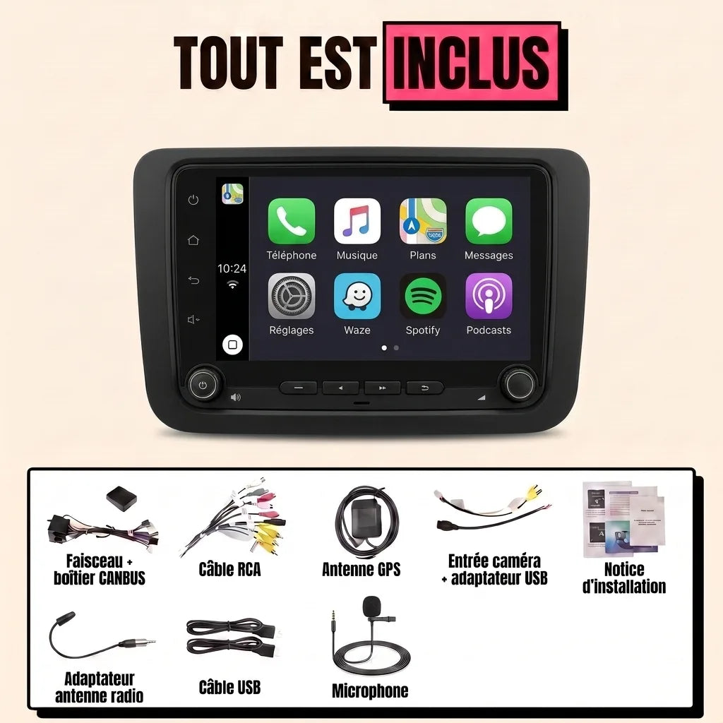 Kit autoradio CarPlay Volkswagen Touran 1 (2003-2015) écran tactile 7 pouces au format VW : tout est inclus, faisceau canbus, antenne GPS, câbles, microphone et notice