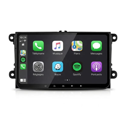 Autoradio CarPlay Android Auto Volkswagen Touran 1 (2003-2015), écran tactile 9 pouces au format VW, vue de face sur fond blanc