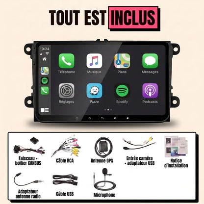 Kit autoradio CarPlay Volkswagen Touran 1 (2003-2015) écran tactile 9 pouces format VW : tout est inclus, faisceau canbus, antenne GPS, câbles, microphone et notice