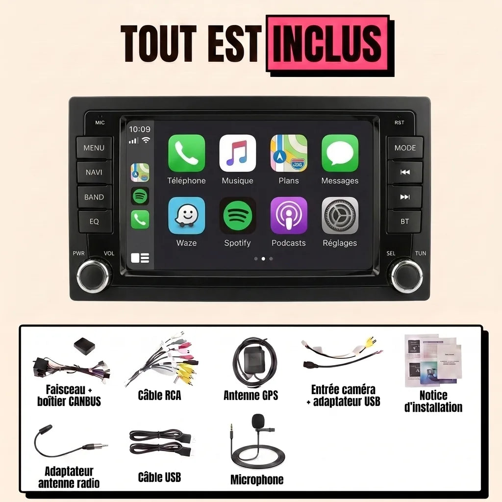 Kit autoradio CarPlay Volkswagen Transporter T5 phase 1 (2003-2009) écran tactile 7 pouces au format d'origine T5 : tout est inclus, faisceau canbus, antenne GPS, câbles, microphone et notice
