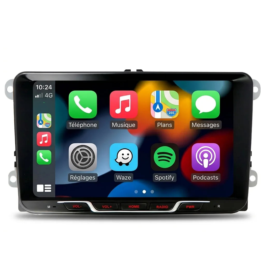 Autoradio CarPlay Android Auto Volkswagen Transporter T5 restylé (2009-2015) à poste arrondi, écran tactile 9 pouces format VW avec touches, vue de face sur fond blanc