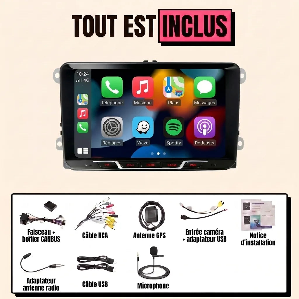 Kit autoradio CarPlay Volkswagen Transporter T5 restylé (2009-2015) à poste arrondi, écran tactile 9 pouces format VW : tout est inclus, faisceau canbus, antenne GPS, câbles, microphone et notice