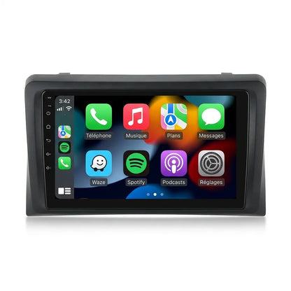 Autoradio CarPlay Android Auto Volkswagen Multivan et Transporter T5 restylé (2009-2015) à poste carré, écran tactile 9 pouces avec cadre spécifique T5, vue de face sur fond blanc