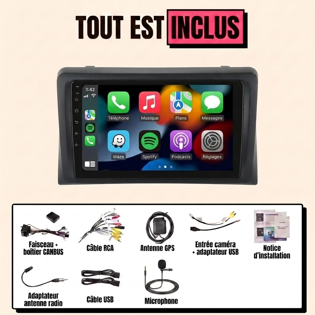 Kit autoradio CarPlay Volkswagen Multivan, California et Transporter T5 restylé (2009-2015) à poste carré, écran tactile 9 pouces avec cadre spécifique : tout est inclus, faisceau canbus, antenne GPS, câbles, microphone et notice