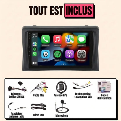 Kit autoradio CarPlay Volkswagen Multivan, California et Transporter T5 restylé (2009-2015) à poste carré, écran tactile 9 pouces avec cadre spécifique : tout est inclus, faisceau canbus, antenne GPS, câbles, microphone et notice