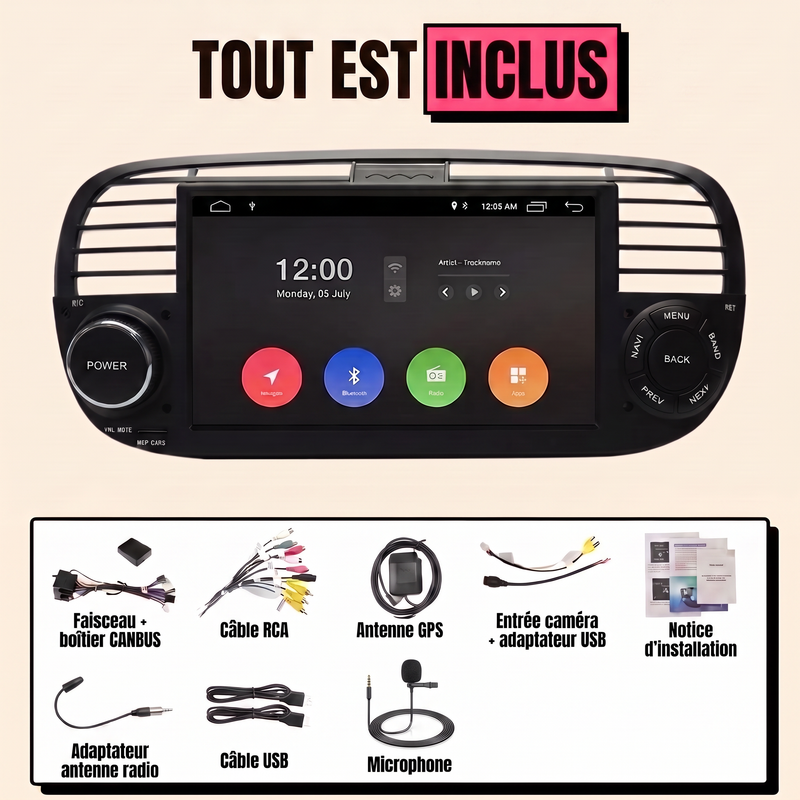 CarPlay Fiat 500 (2007-2015) — Autoradio Écran Tactile 7"