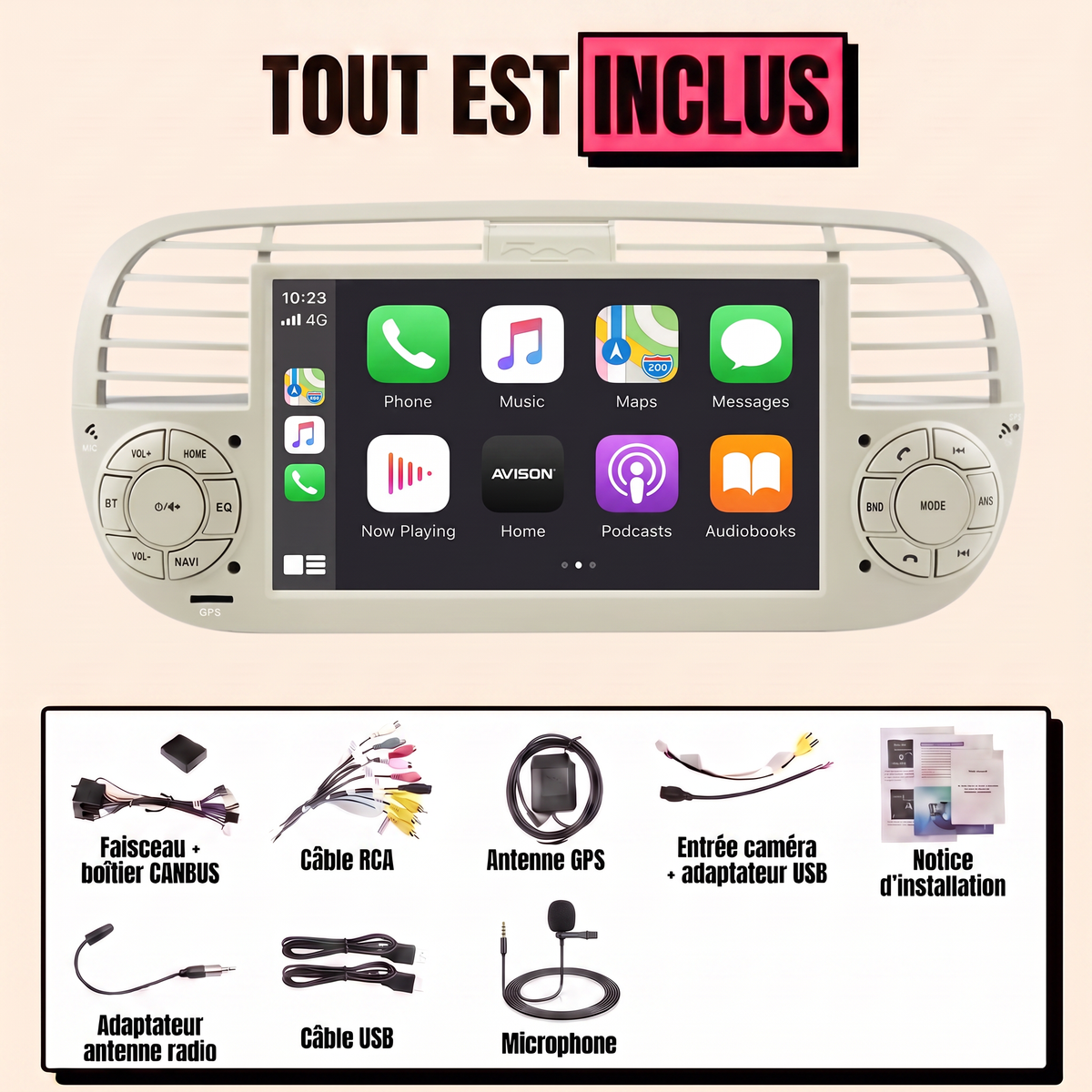 CarPlay Fiat 500 (2007-2015) — Autoradio Écran Tactile 7"
